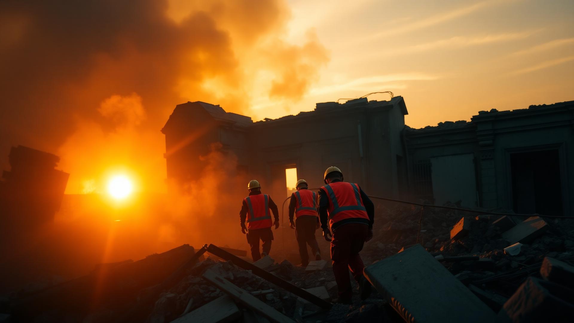 Rescue workers searching through rubble at sunset